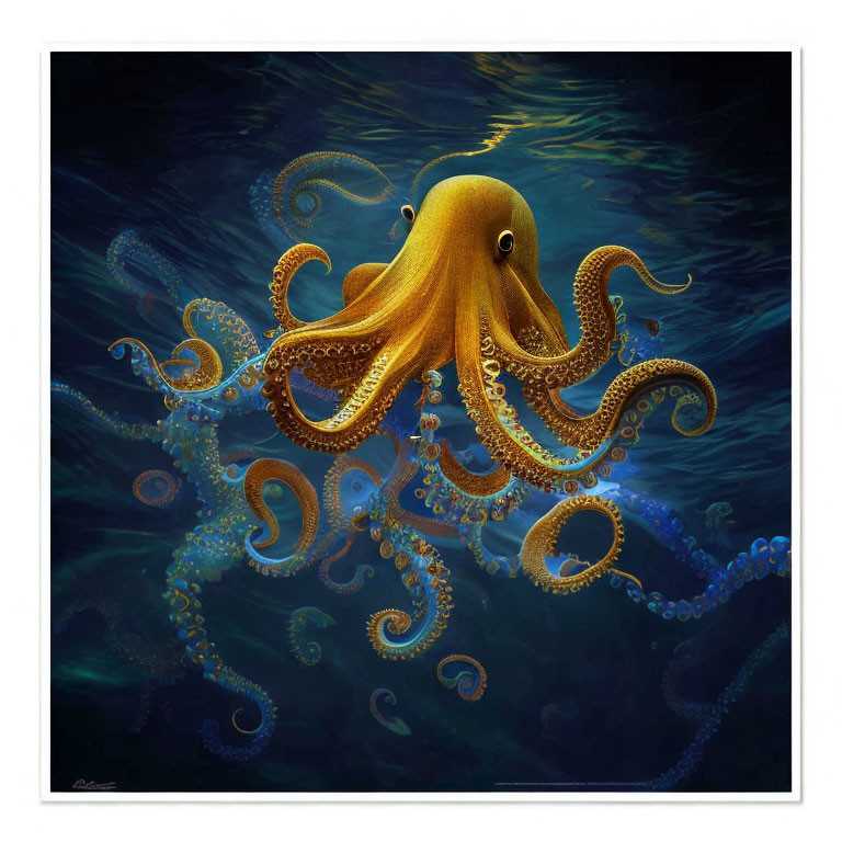 Detailed golden octopus illustration in swirling underwater scene