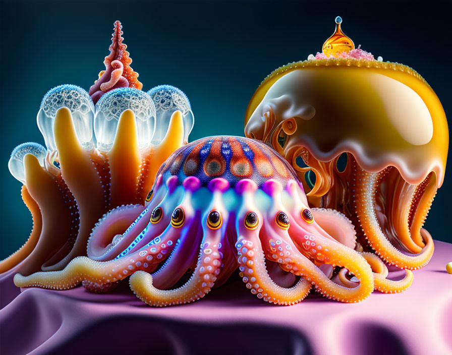 Vibrant octopus with illuminated suckers under fantasy jellyfish structures