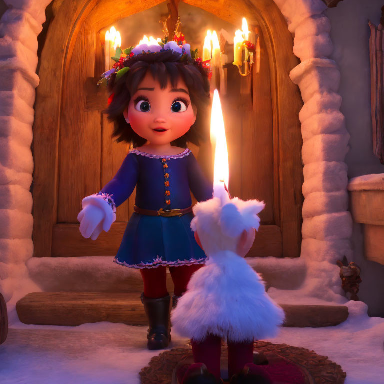 Festive animated girl with wreath and candle in cozy room