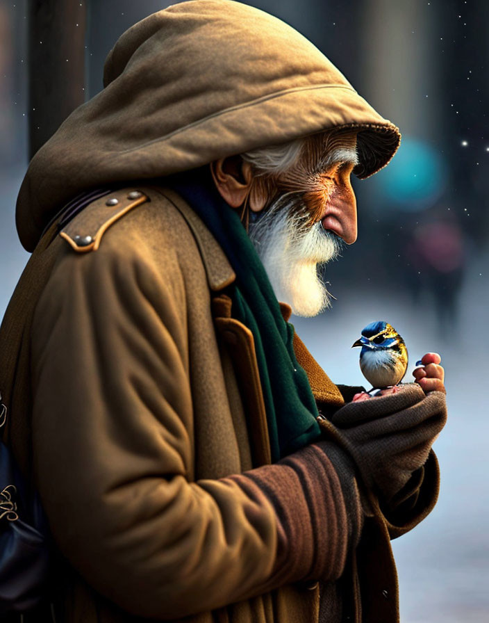 Elderly man in cloak and hat holding bird in snowfall