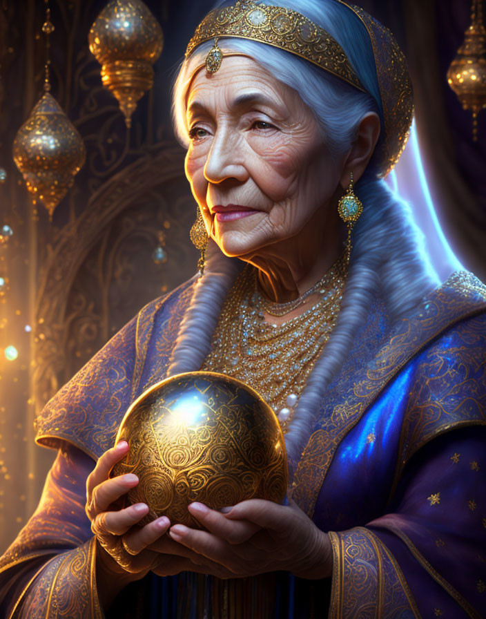 Elderly woman in royal attire with glowing orb in opulent room