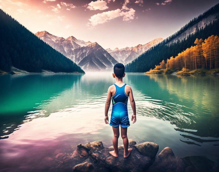 Child in swimsuit admires mountain lake in serene setting