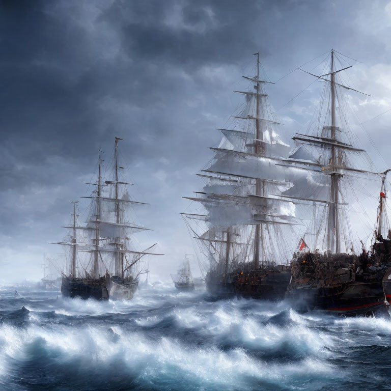 Historic tall ships sailing stormy seas under dark skies