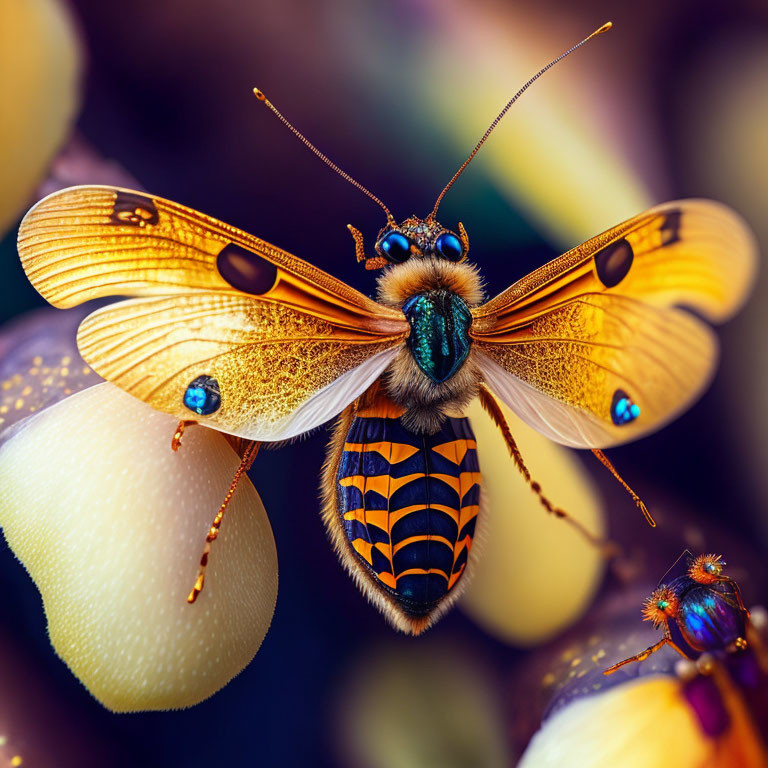 Close-up of iridescent-winged bee hovering near white flowers.