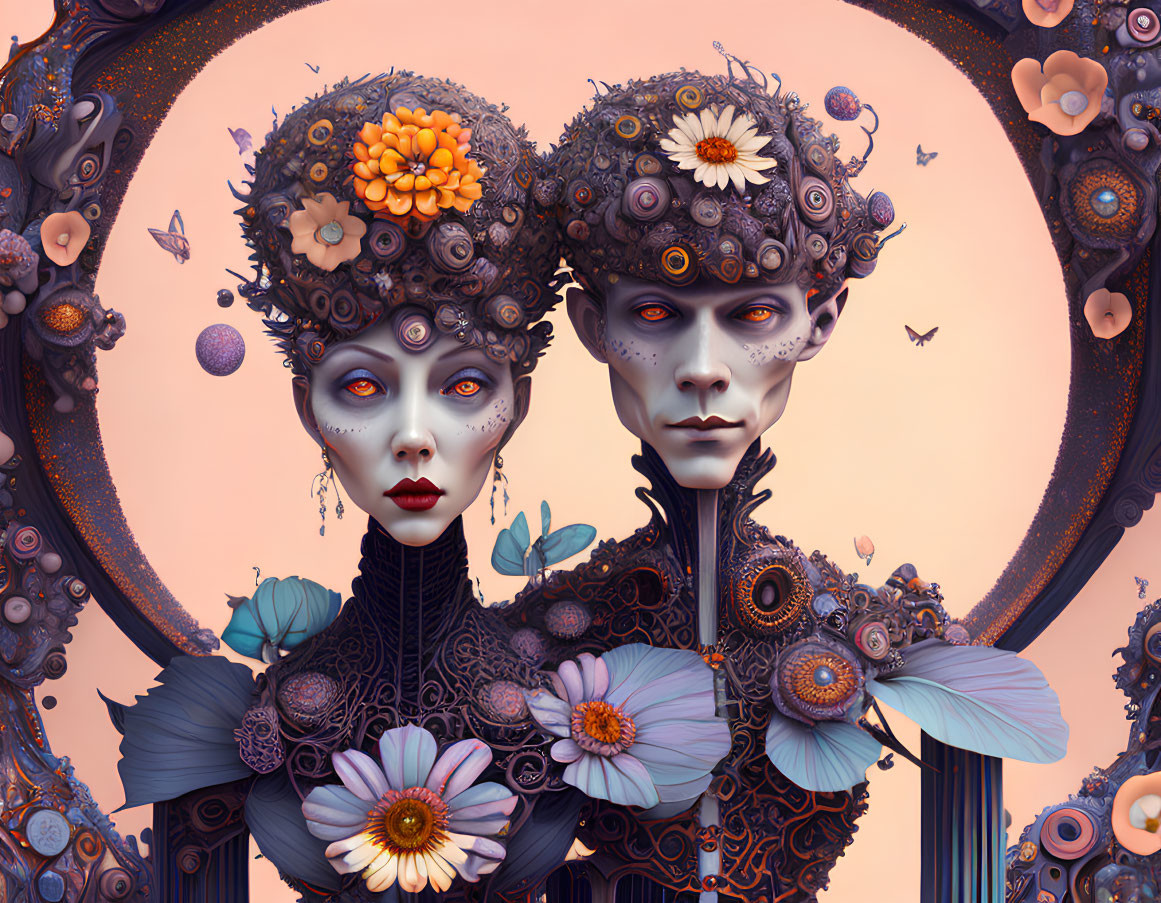 Surreal portrait of male and female figures with floral headpieces and butterflies