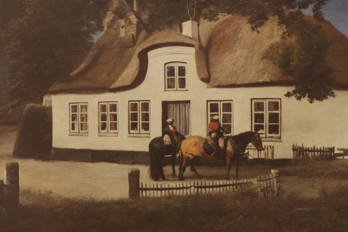 Riders on horseback chat by quaint thatched-roof cottage