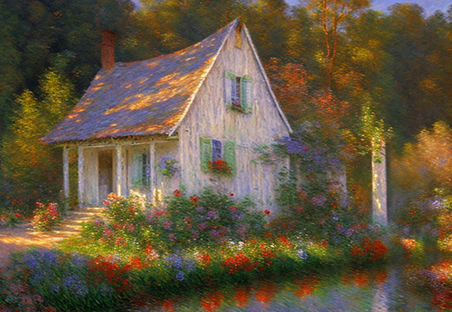 Charming cottage surrounded by blooming vines in a lush garden at sunrise or sunset