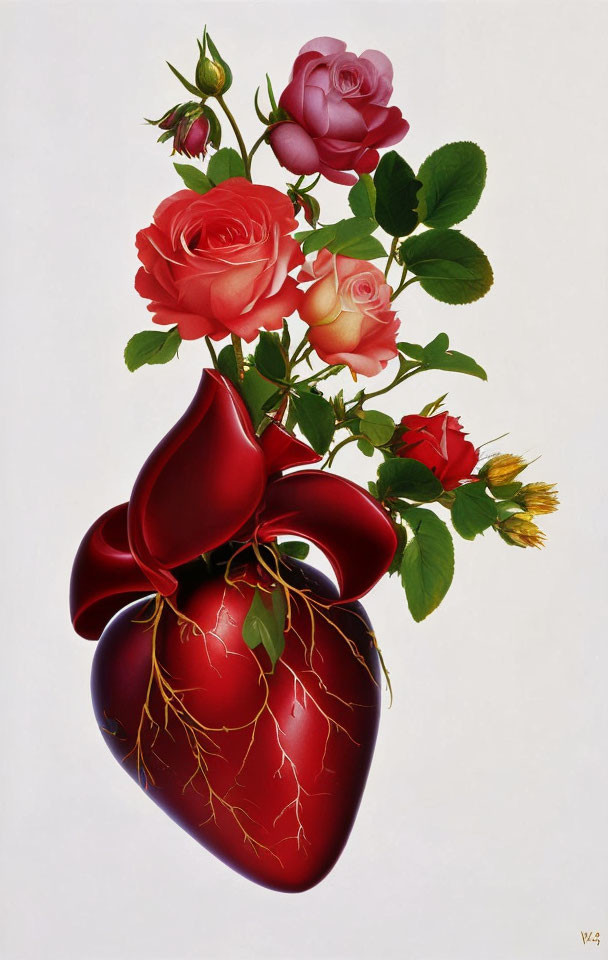 Vibrant red heart-shaped vase with gold cracks and blooming roses