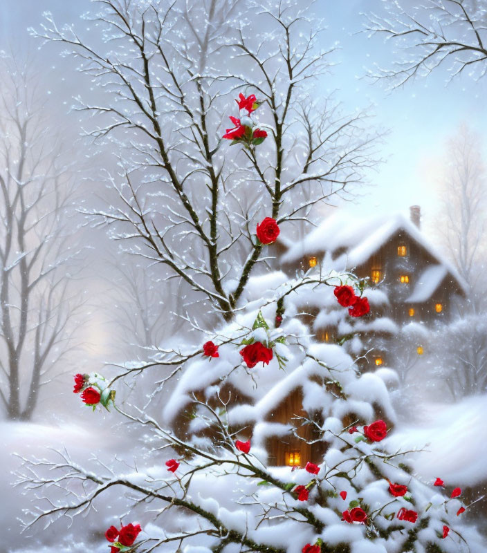 Winter scene with red flowers, snowy branches, and warm-lit cottage