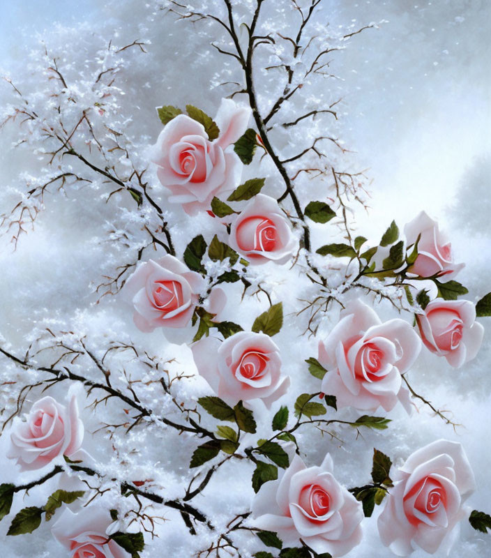 Pink roses on snow-covered branch under wintry sky