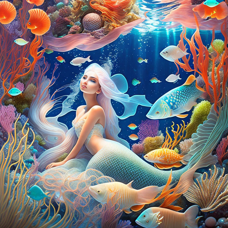 Underwater Scene: Mermaid with White Hair, Coral, Fish & Light