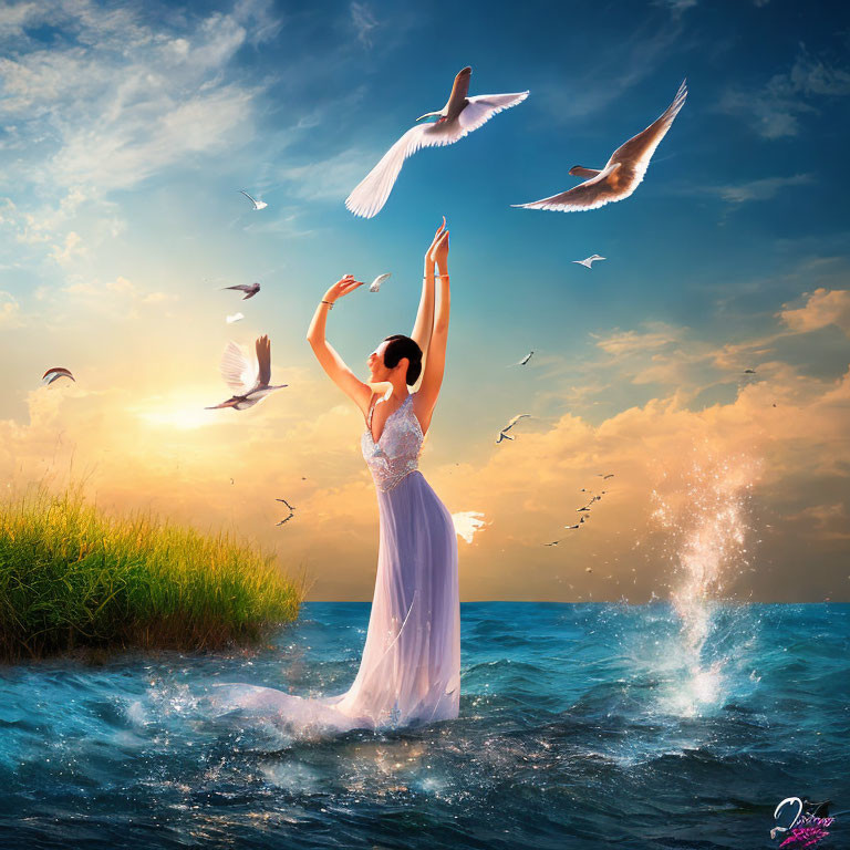 Woman in flowing dress with seagulls at sunset