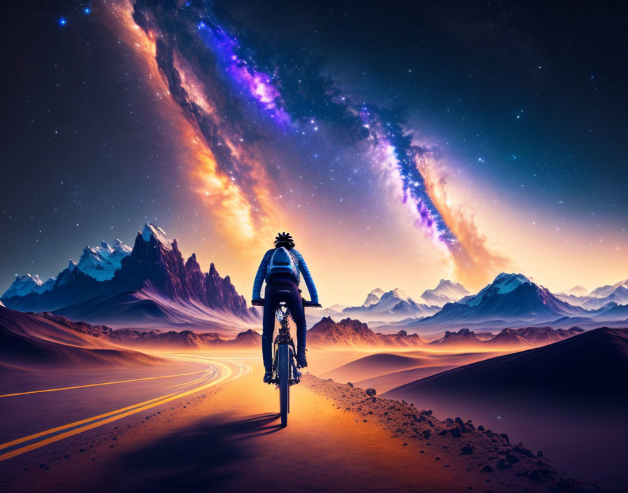 Cyclist on desert road at twilight with galaxy and mountains