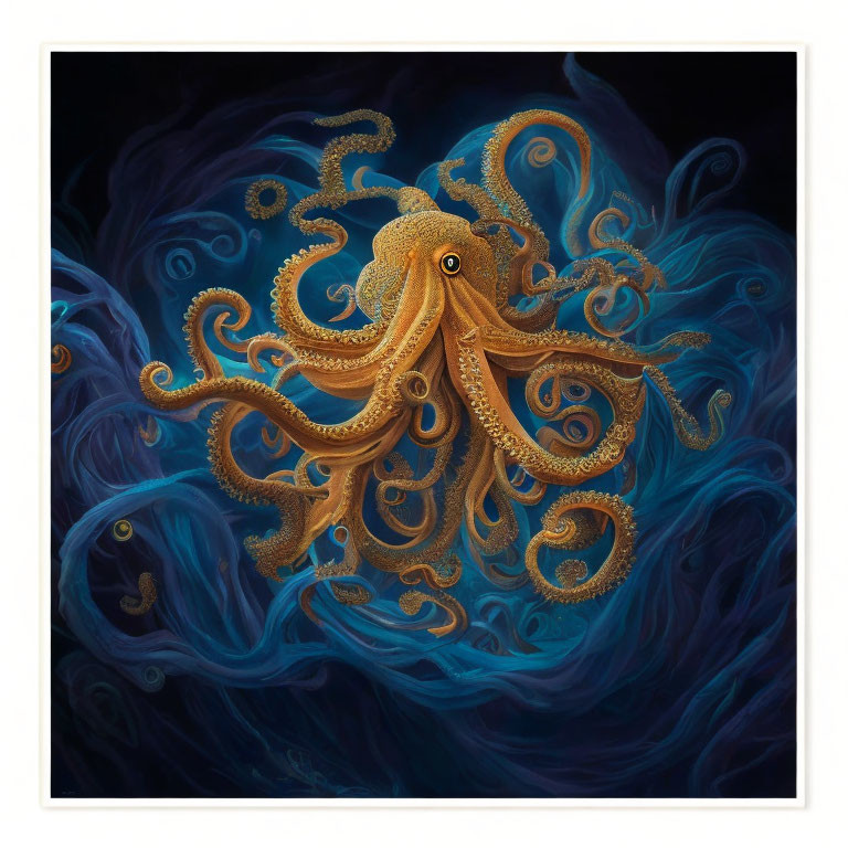 Golden octopus illustration on dark blue background with swirling tentacles