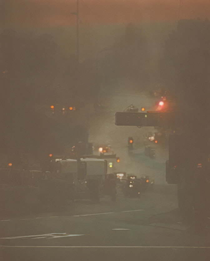 Sepia-Toned Street Scene at Dusk or Dawn with Glowing Lights