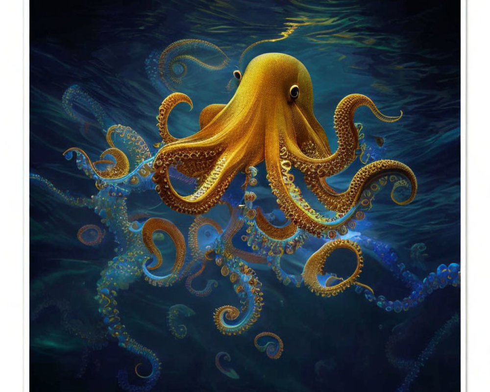 Detailed golden octopus illustration in swirling underwater scene