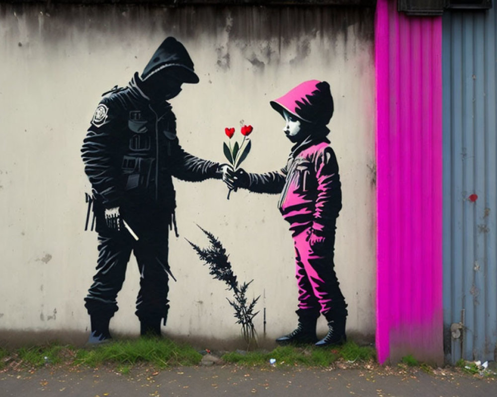 Street art mural featuring child giving flowers to riot officer against pink streak.