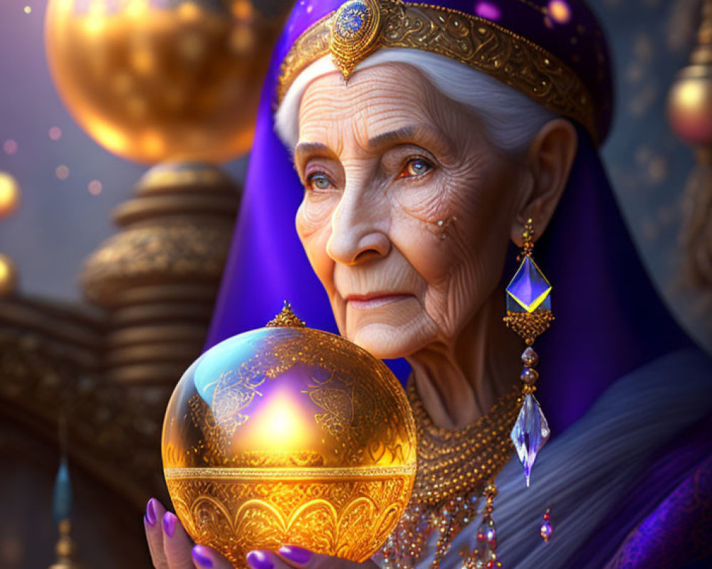 Elderly Woman in Regal Attire Holding Golden Orb amid Glowing Spheres