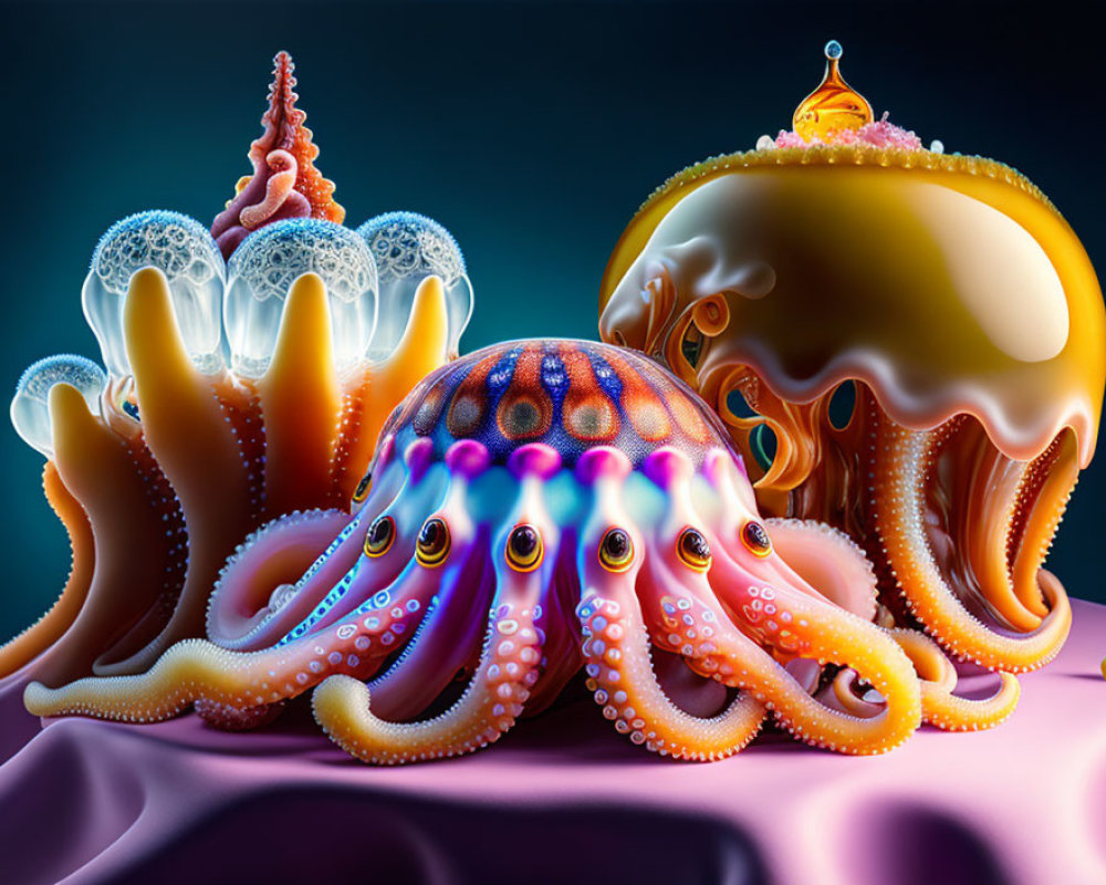 Vibrant octopus with illuminated suckers under fantasy jellyfish structures