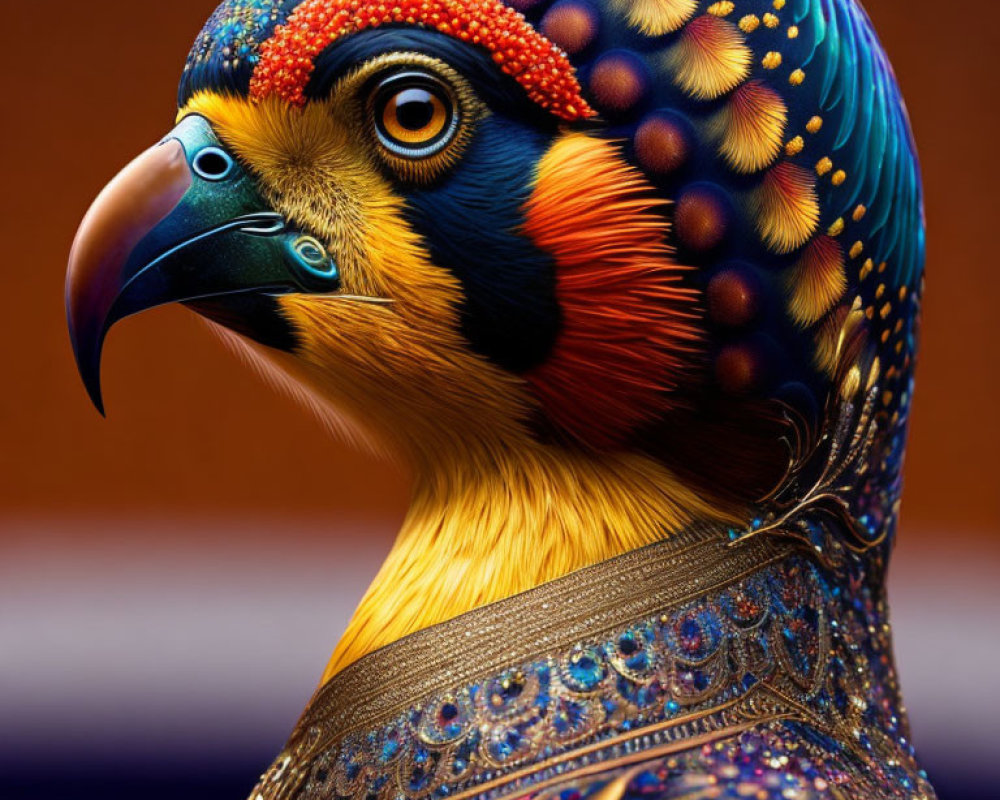 Colorful Digital Artwork: Bird with Avian and Textile Patterns