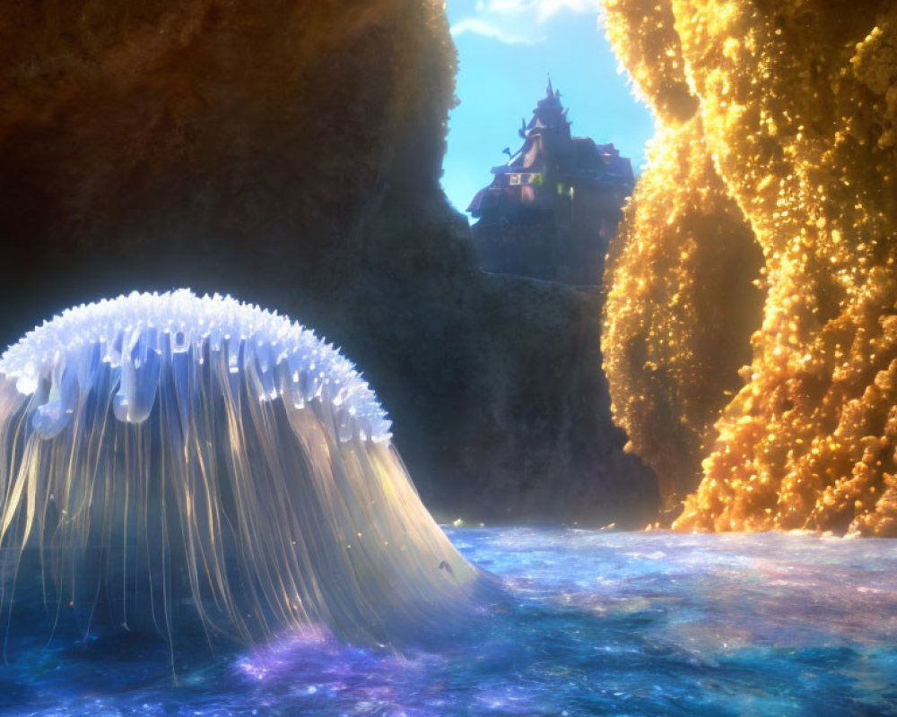 Luminescent jellyfish near rocky shore with mystical castle under golden glow