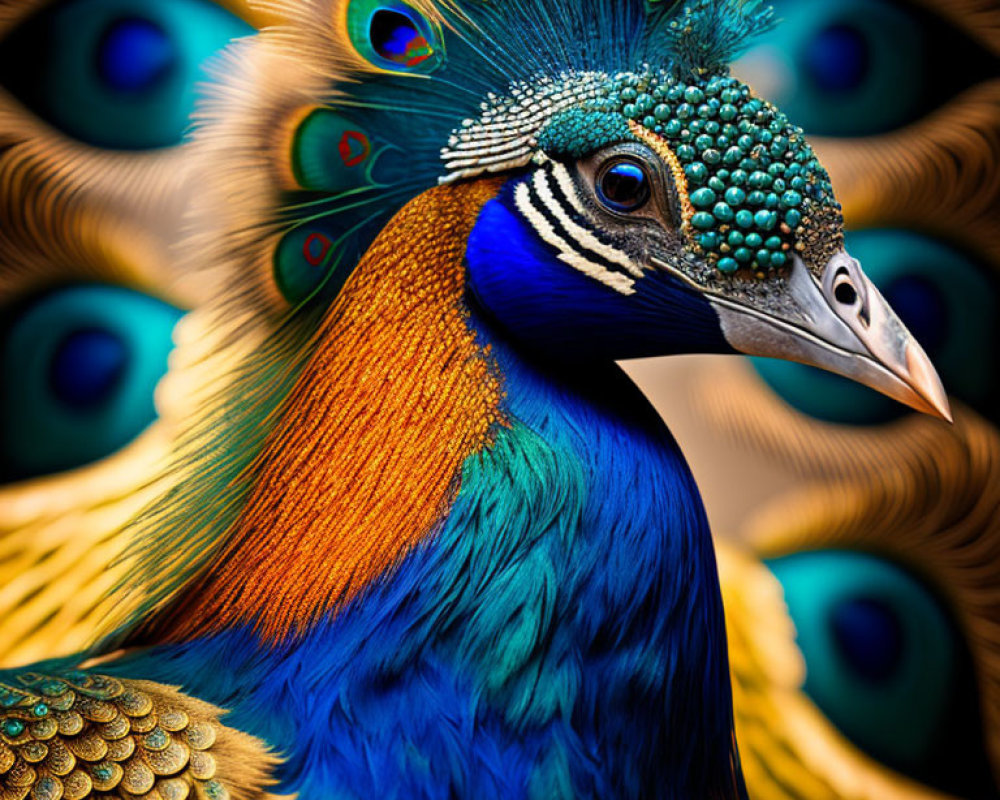 Close-up of a peacock showcasing vibrant blue and green plumage