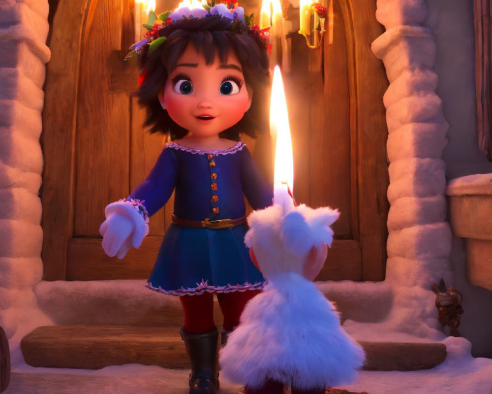 Festive animated girl with wreath and candle in cozy room