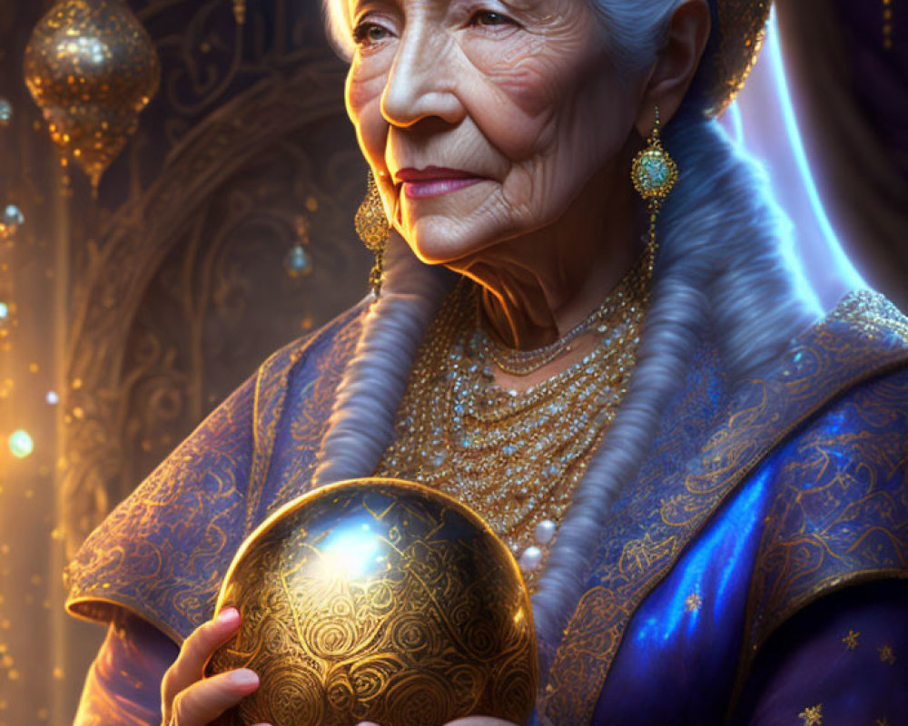 Elderly woman in royal attire with glowing orb in opulent room