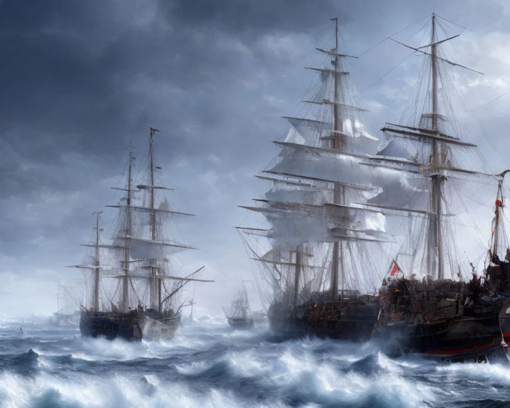 Historic tall ships sailing stormy seas under dark skies