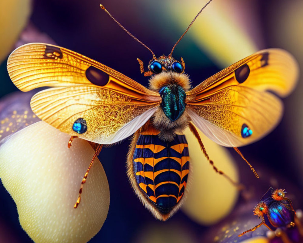 Close-up of iridescent-winged bee hovering near white flowers.