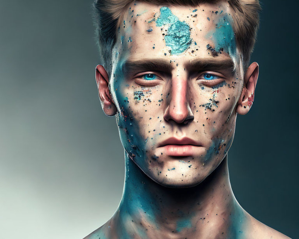 Portrait of person with striking blue eyes and paint splatters on grey background