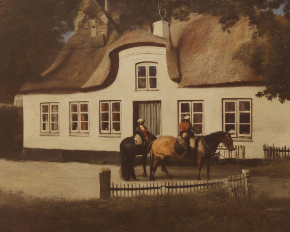 Riders on horseback chat by quaint thatched-roof cottage