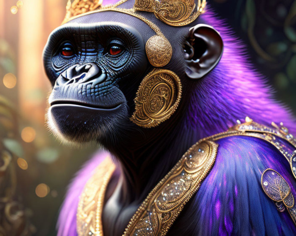 Regal chimpanzee with golden jewelry and crown in mystical forest.