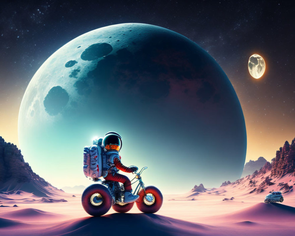 Astronaut on Motorcycle in Alien Landscape with Moons