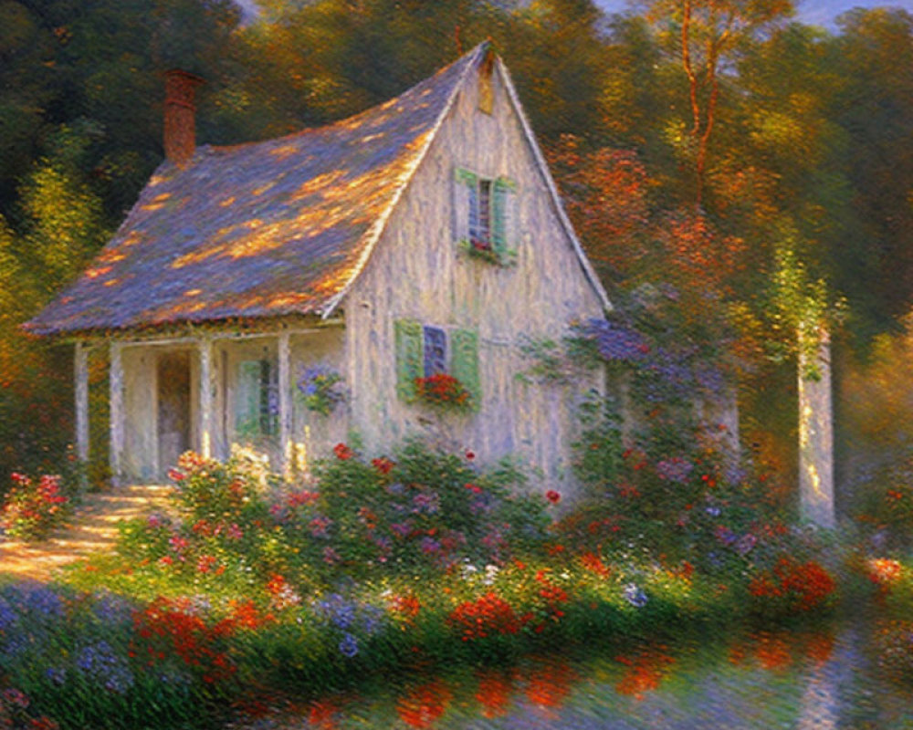 Charming cottage surrounded by blooming vines in a lush garden at sunrise or sunset