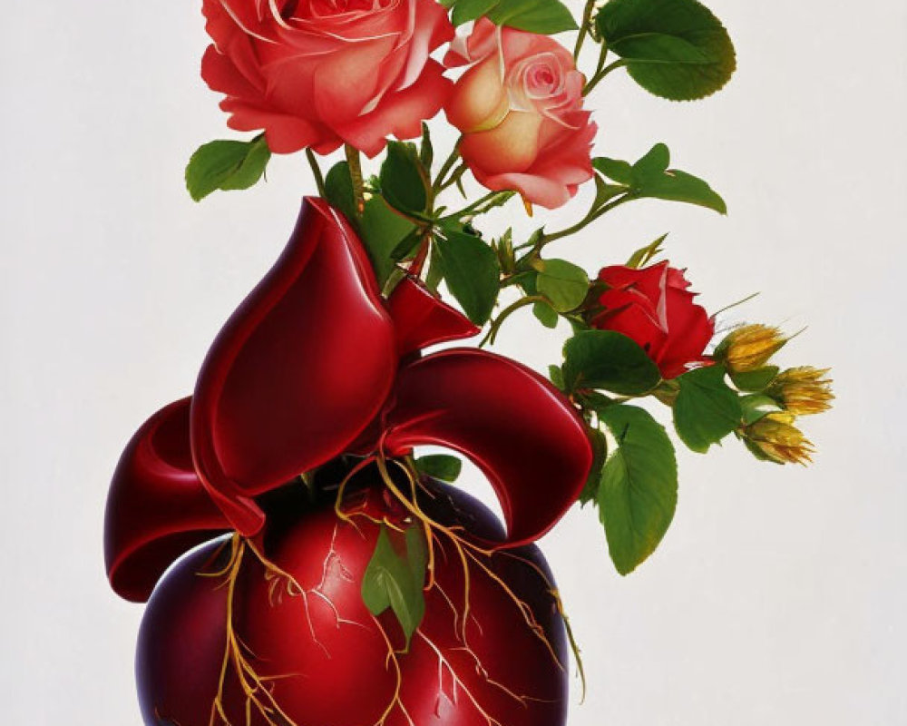 Vibrant red heart-shaped vase with gold cracks and blooming roses