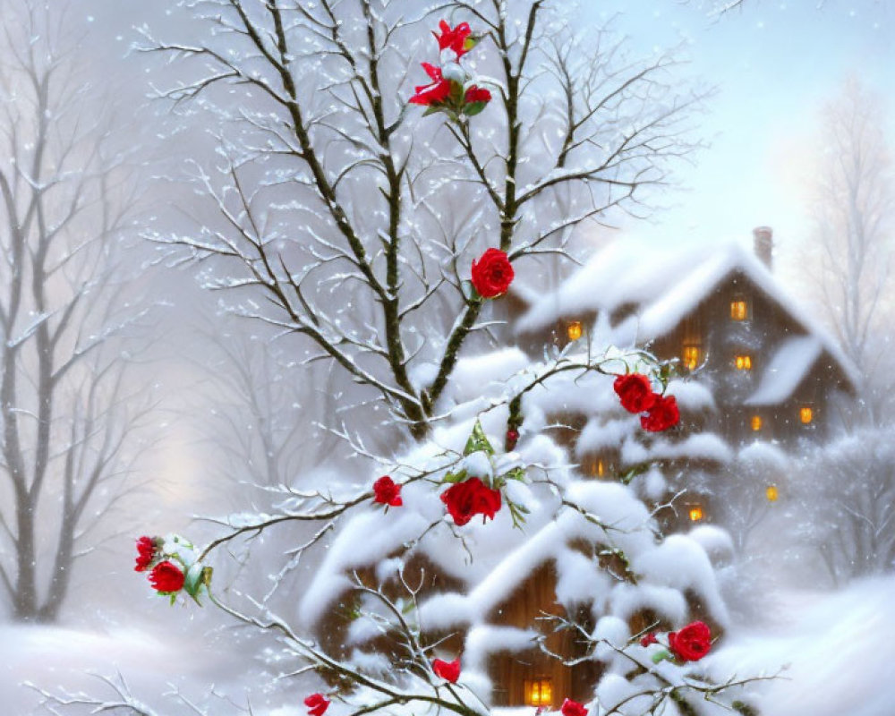 Winter scene with red flowers, snowy branches, and warm-lit cottage