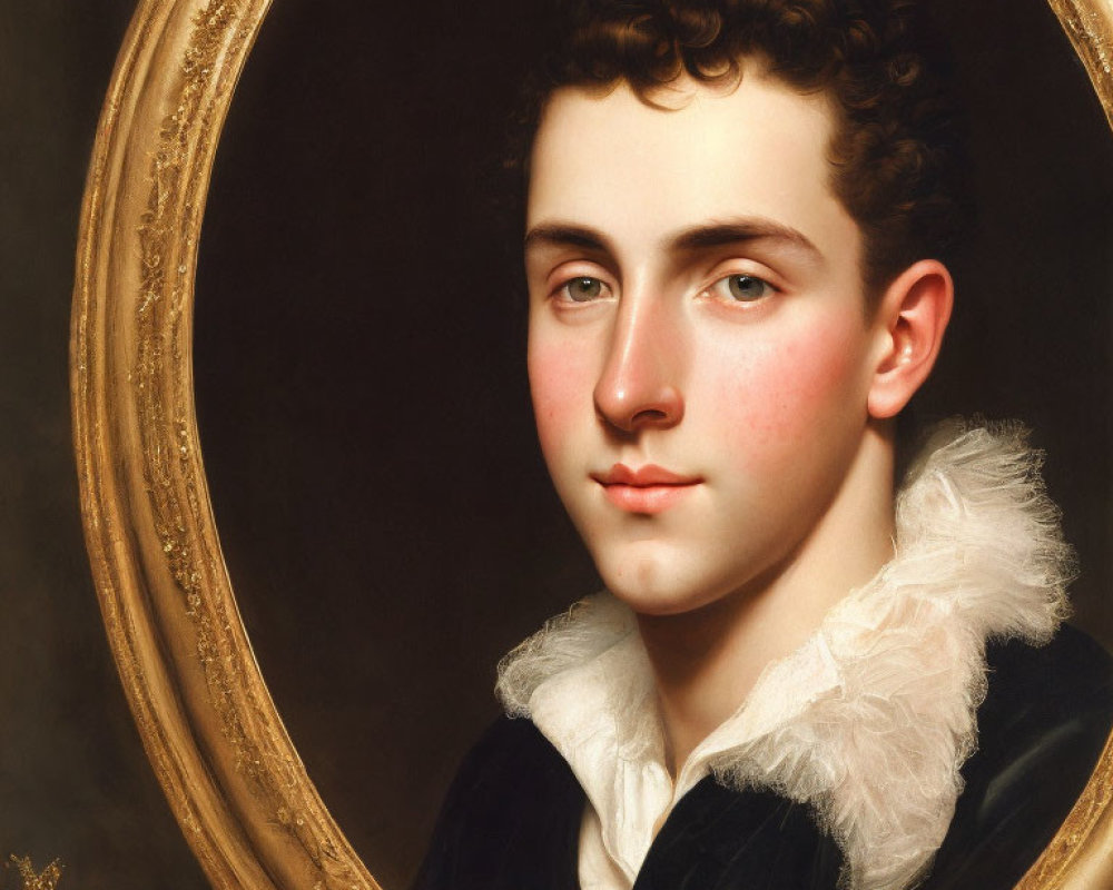 Young man portrait with curly hair and ruffled collar in ornate gold frame