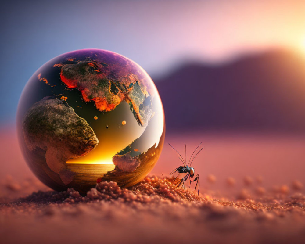 Surreal image of glossy earth globe with ant on textured surface