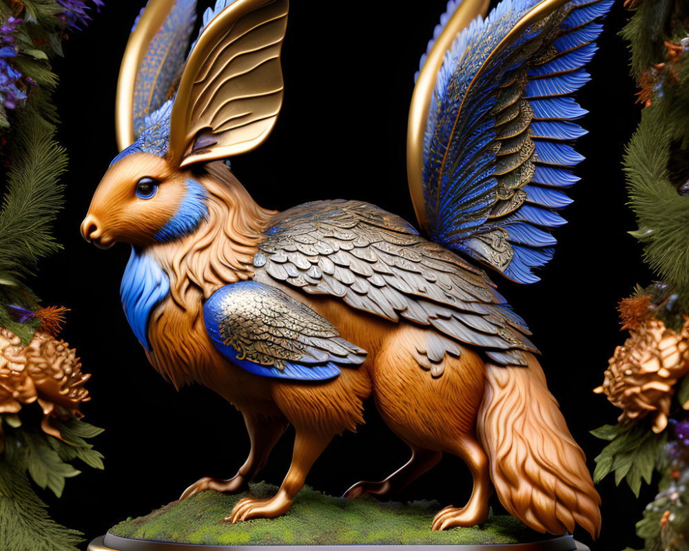 Rabbit-like creature with golden wings and blue details on dark background