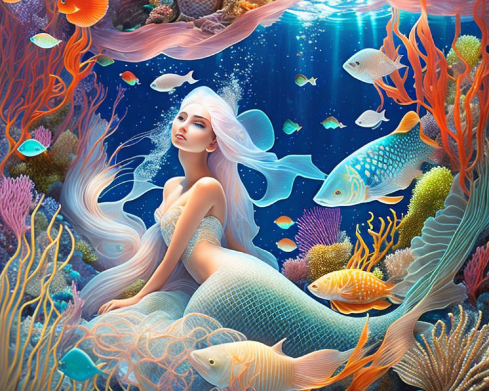 Underwater Scene: Mermaid with White Hair, Coral, Fish & Light