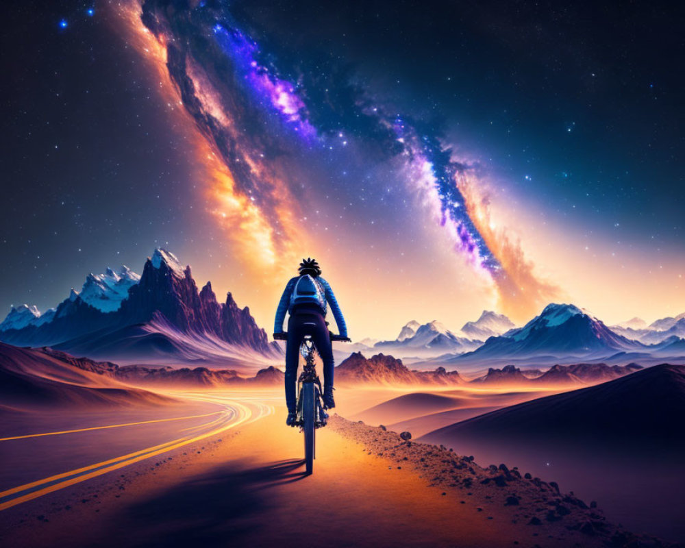 Cyclist on desert road at twilight with galaxy and mountains