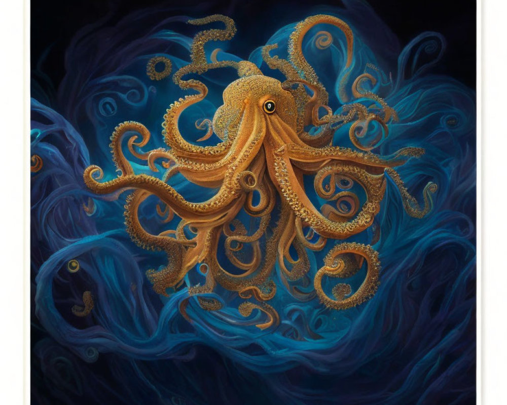 Golden octopus illustration on dark blue background with swirling tentacles