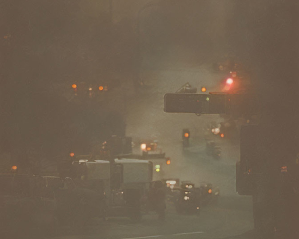 Sepia-Toned Street Scene at Dusk or Dawn with Glowing Lights