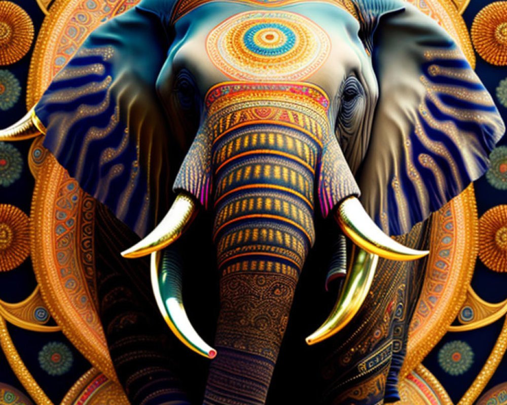 Colorful Digital Artwork: Decorated Elephant with Ornate Patterns