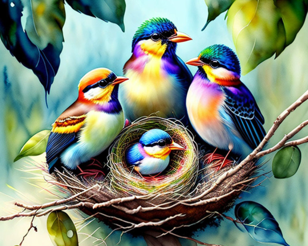 Colorful Birds Nestled in Green Foliage with Soft Light