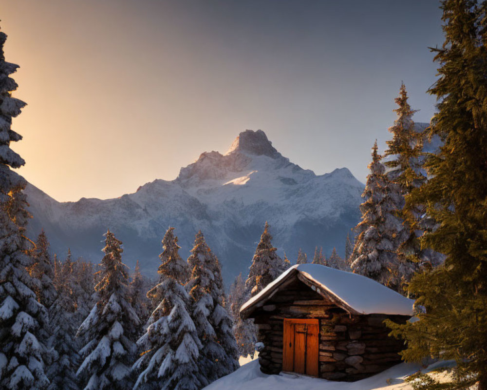 Snowy Sunset Landscape: Wooden Cabin, Pine Trees, Mountain