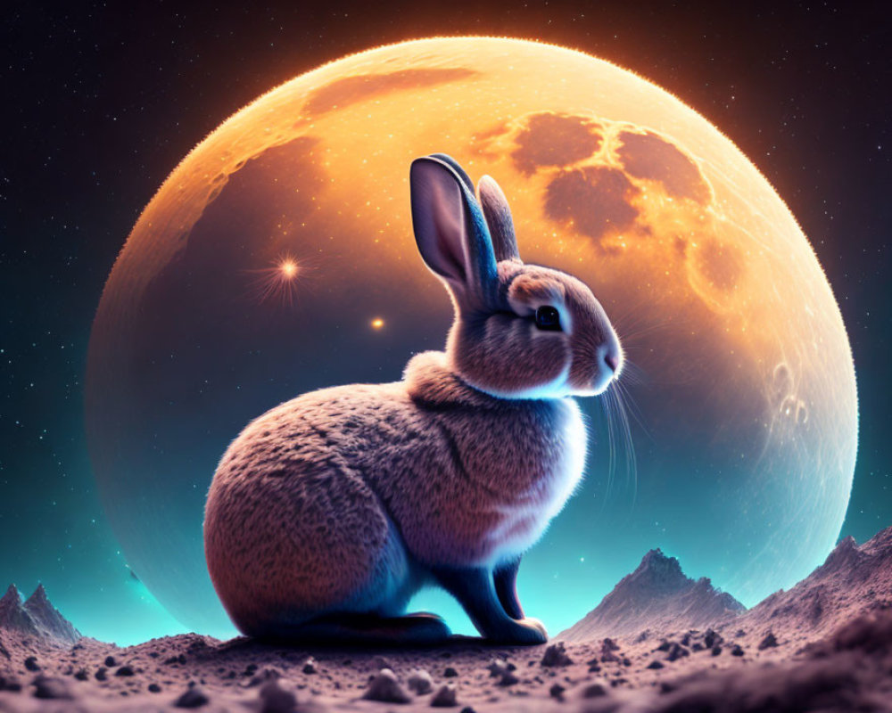 Rabbit on surreal lunar landscape with massive glowing moon