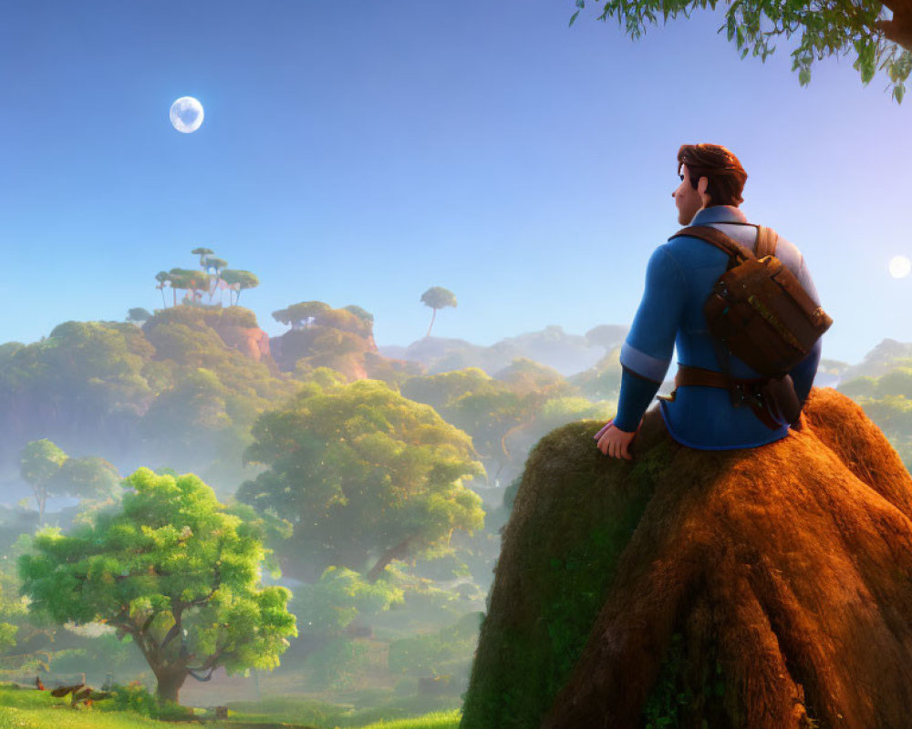 Man with backpack gazes at moon over lush forest landscape