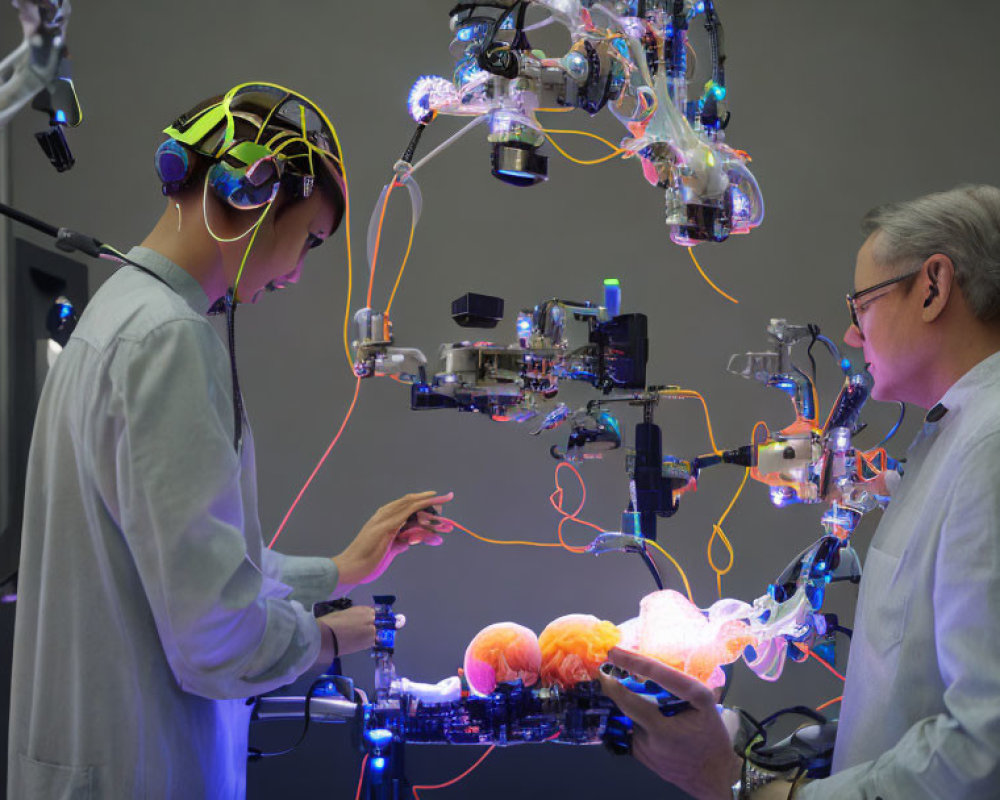 High-Tech Lab Scene: Person with Brainwave Headset Interacting with Complex Device